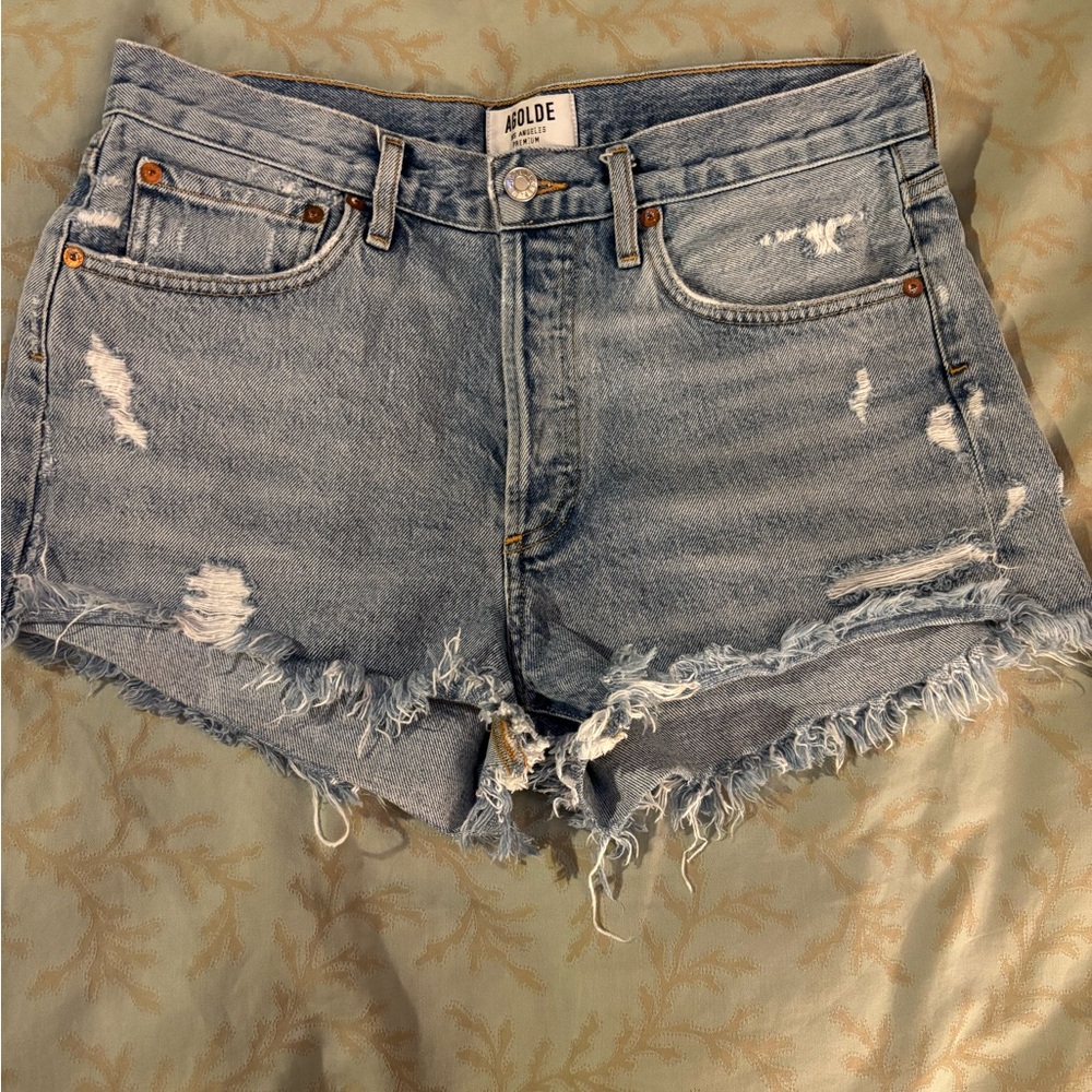 Agolde Frayed Hem Jean Shorts - Light Blue